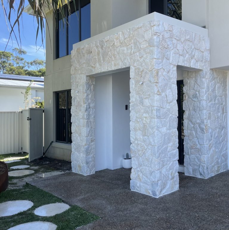 White natural stone clad entry portico - Stone Cladding Sunshine Coast
